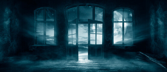 Dark scary fantasy room with windows and doors. Big moon, night sky view, rays of moonlight. Old concrete walls and old windows. reflection of light on the floor, neon light. 3D illustration.  © MiaStendal
