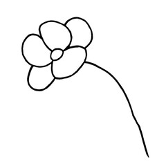 Isolated black line illustration. Stylized wild flower. Hand drawn doodle sketch. Black silhouette on white background.