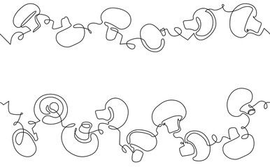 Two top and bottom Seamless Patterns with Mushrooms Champignons and empty space for text between them. Can be yused for magazine, book, poster, card, menu cover, web pages. Vector illustration.