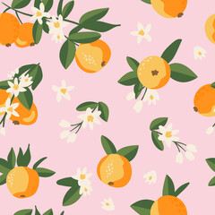 Summer tropical seamless pattern with colorful oranges and flowers.Vector citrus fruits background. Modern exotic floral design for paper, cover, fabric, interior decor and other users.