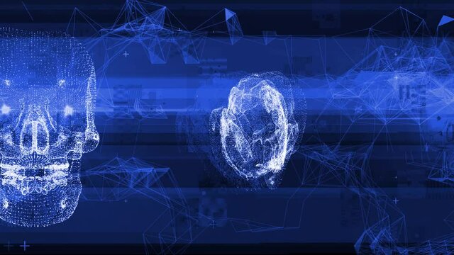 Techno Skull VJ-Loop 1-3 - Blue hologram skulls with plexus of data, spinning around self with glistening eyes. The clip can be connected with "Techno Skull VJ-Loop 1-1" and "Techno Skull VJ-Loop 1-2"