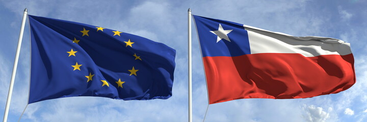 Flying flags of the European Union and Chile on sky background, 3d rendering