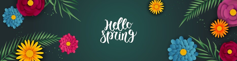 Spring sale banner with paper flowers. Banner perfect for promotions, magazines, advertising, web sites. Vector illustration.