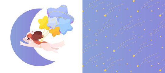 Children book cover, puppy with moon and stars, children cards, stars seamless pattern, vector illustration in cartoon style