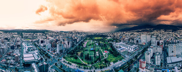 La Carolina park located in the northern center of the city of Quito surrounded by modern buildings