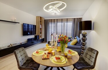 Interior of a luxury living room with gas fireplace
