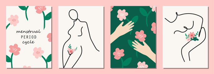 Fototapeta na wymiar Set of hand drawn elements of women menstruation period theme, feminine hygiene products as pads, menstrual cups, etc.