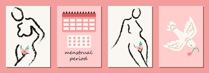 Set of hand drawn elements of women menstruation period theme, feminine hygiene products as pads, menstrual cups, etc.