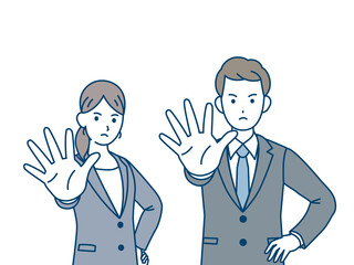 会社員　スーツ姿　男女　NO　断る　拒否するポーズ　上半身　イラスト素材