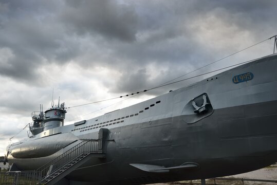 German submarine U-995. Dramatic sky, storm clouds. Museum ship, Laboe Naval Memorial. Germany. Panoramic view. Travel destinations, landmarks, sightseeing, history, past, war, WW2, nautical vessel