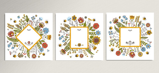 Fototapeta na wymiar Floral cards set for your text design. Honey bee backgrounds, cute greeting invitations template. Vector illustration