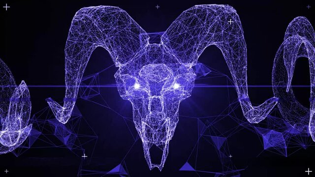Techno Horned Skull VJ-Loop 1-2 - Blue hologram horned skulls of madness sheep with plexus of data, spinning around self with glistening eyes. The clip can be connected with "1-1" and "1-3"