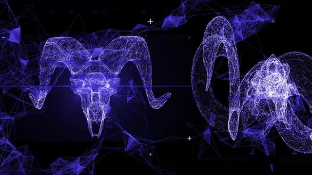Techno Horned Skull VJ-Loop 1-1 - Blue hologram horned skulls of madness sheep with plexus of data, spinning around self with glistening eyes. The clip can be connected with "1-2" and "1-3"