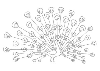 Beautiful peacock. Bird with a lush tail in a modern one line style. Solid line, outline for decor, posters, stickers, logo. Vector illustration.
