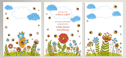 Fototapeta na wymiar Bee Baby Shower invitation templates set. Flower backgrounds collection with space for your text. Vector cute illustration
