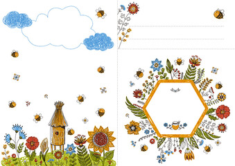 Bee Baby Shower invitation templates set. Flower backgrounds collection with space for your text. Cute illustration