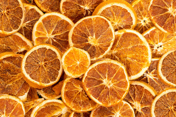 Slices of dehydrated orange. Selective focus