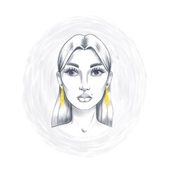 Portrait of a young girl with yellow earrings in grey circle. Hand drawn illustration in sketch style. Good for avatar, logo, beauty salon, fashion design, T-shirt print.