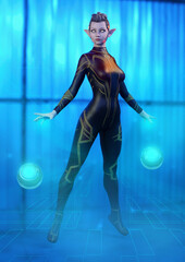 Fototapeta na wymiar A 3d digital render of a girl in sci fi suit hovering with cyber tech.