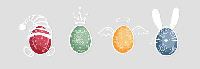 Set of four painted eggs in the shape of a rabbit, an angel with a halo, a crown and a hat and boots. Easter eggs in cartoon style.