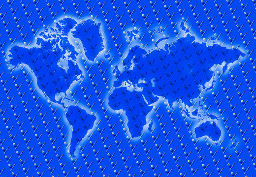 Rows of laboratory vials and syringes with world map in background