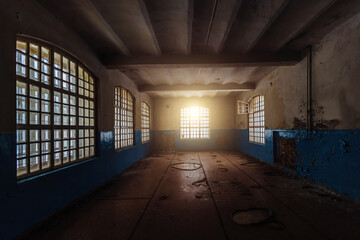 Inside old Orlovka Asylum for the insane in Voronezh Region. Dark creepy abandoned mental hospital