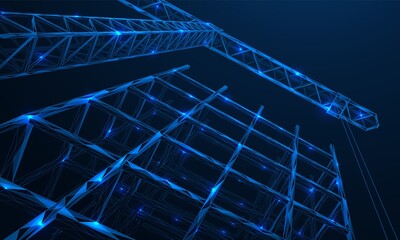 A tower crane builds the frame of a skyscraper. Polygonal construction of concatenated lines and points. Blue background.