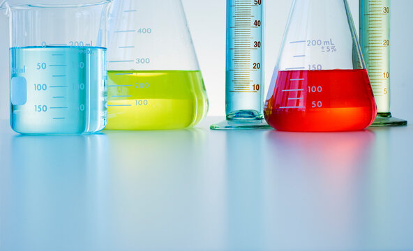 Beakers and flasks with colorful liquids