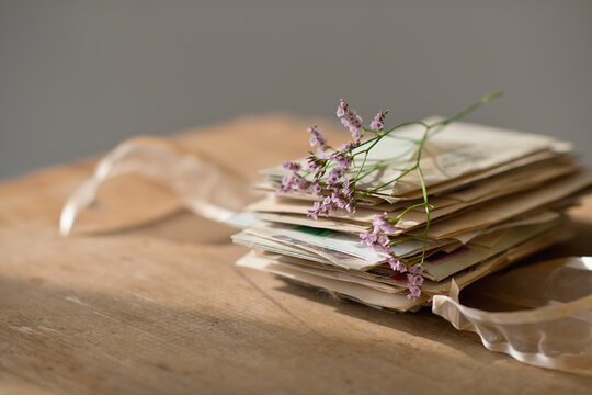 Lavender stem on stack of letters