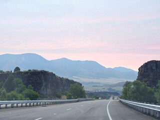 Road side scenery with distant mountains in Idaho, USA.