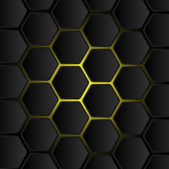 Seamless background black hexagons with yellow light concept futuristic cyberpunk vector
