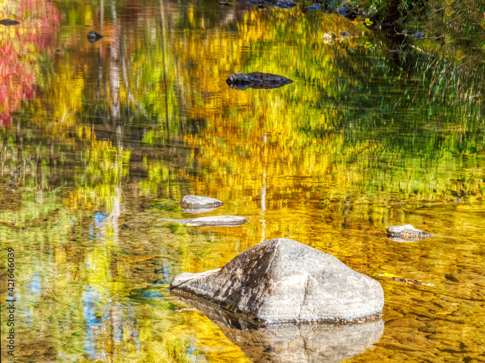 Sticker usa, washington state. water reflections of gold, red , yellow and green in small stream.