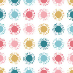 Diagonal Pink, Gold, and Blue Sunbursts Seamless Vector Pattern Background