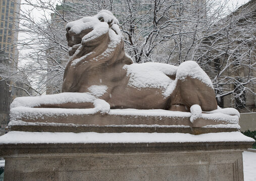 Lion sculpture covered in snow