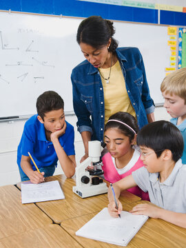 Teacher and elementary students looking at microscope