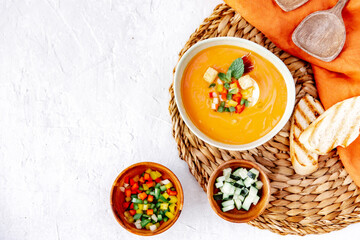 Tomato gazpacho soup, salmorejo soup in a bowl, spanish food