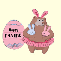 a bear in a pink skirt and bunny ears holds two hares in her hands. Spring and Easter Concept. in Russian, the inscription happy Easter