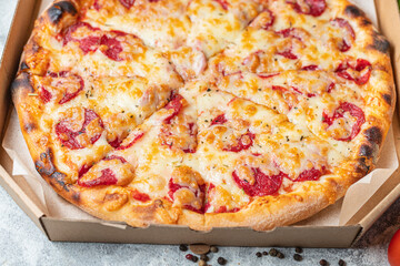 pizza salami double cheese sausage or pepperoni spicy fast food healthy meal top view copy space for text food background rustic image