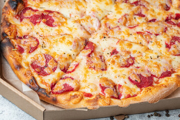 pizza salami double cheese sausage or pepperoni spicy fast food healthy meal top view copy space for text food background rustic image
