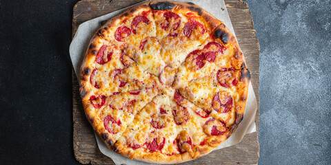 pizza salami double cheese sausage or pepperoni spicy fast food healthy meal top view copy space for text food background rustic image