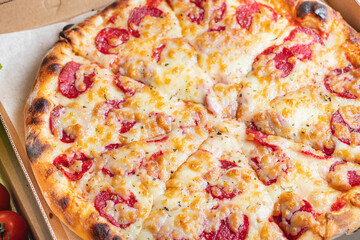 pizza salami double cheese sausage or pepperoni spicy fast food healthy meal top view copy space for text food background rustic image