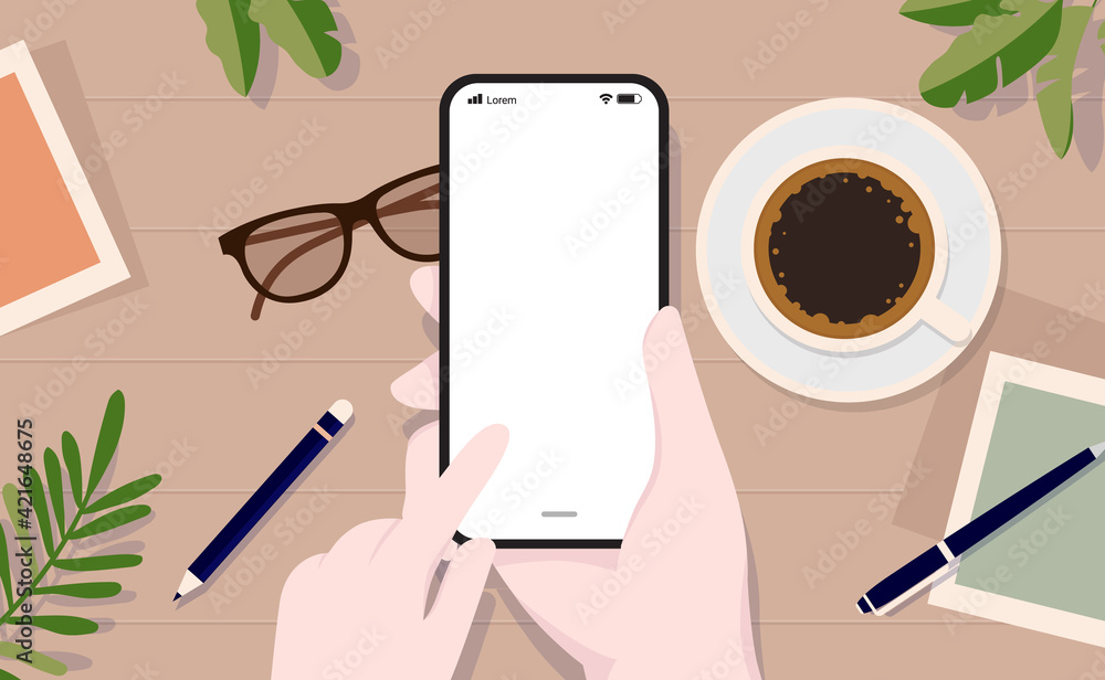 Aufkleber Vector smartphone mockup - Hand using touch screen on device with blank screen, top view angle, and table in background.