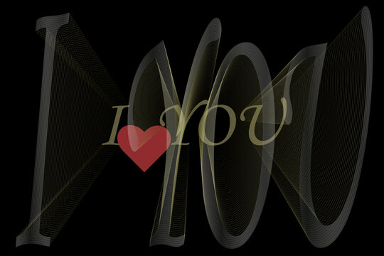 Greeting card with gold words "I", "YOU" and a pink heart on a black background. Ultra thin geometry.