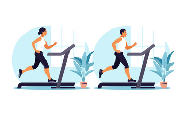 Fototapeta premium Men and woman running on a treadmill at home. Healthy lifestyle concept. Sport training. Fitness. Vector illustration. Flat.