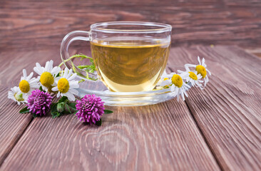 Cup of herbal tea with chamomile and pink clover flowers on a wooden background.