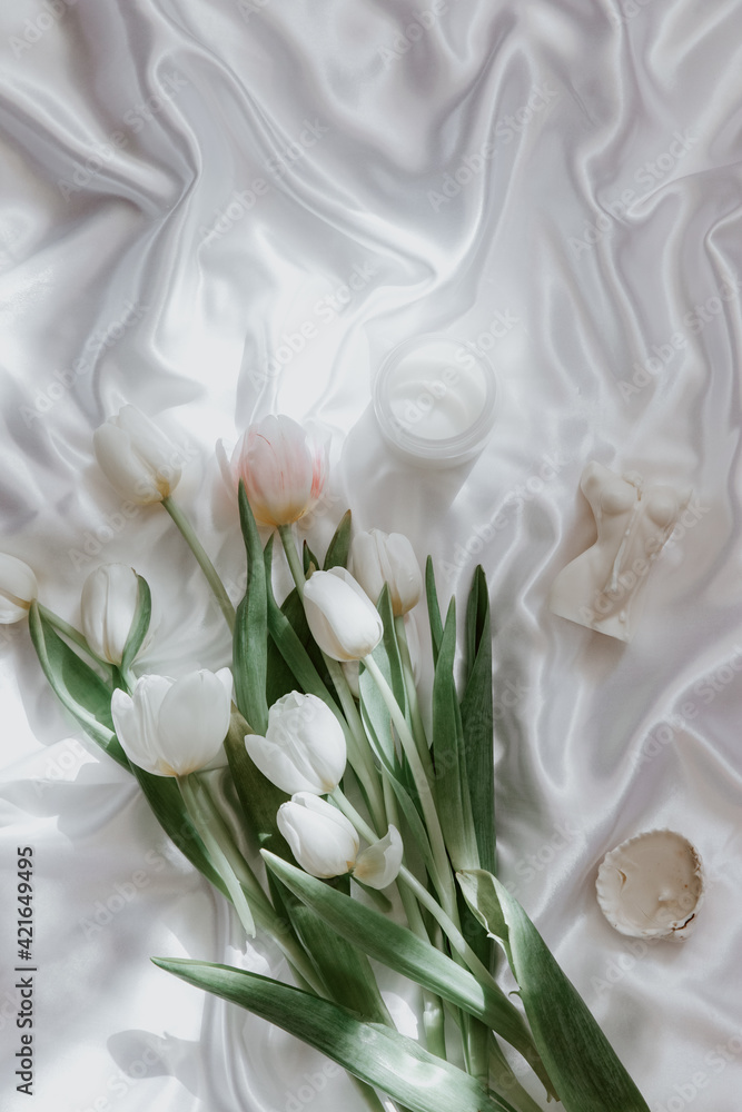 Canvas Prints Spring, wedding still life. Silk background with tulips and accessories, Feminine background, fashion blogger, aesthetic style