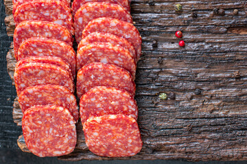pepperoni sausage delicious meat with spices and paprika spicy fast food healthy meal top view copy space for text food background rustic image
