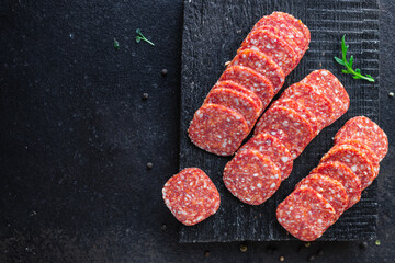 pepperoni sausage delicious meat with spices and paprika spicy fast food healthy meal top view copy space for text food background rustic image