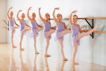 Row of female ballet dancers (6-8) in dance studio