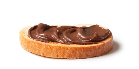 toasted bread with chocolate hazelnut cream isolated on white background, selective focus